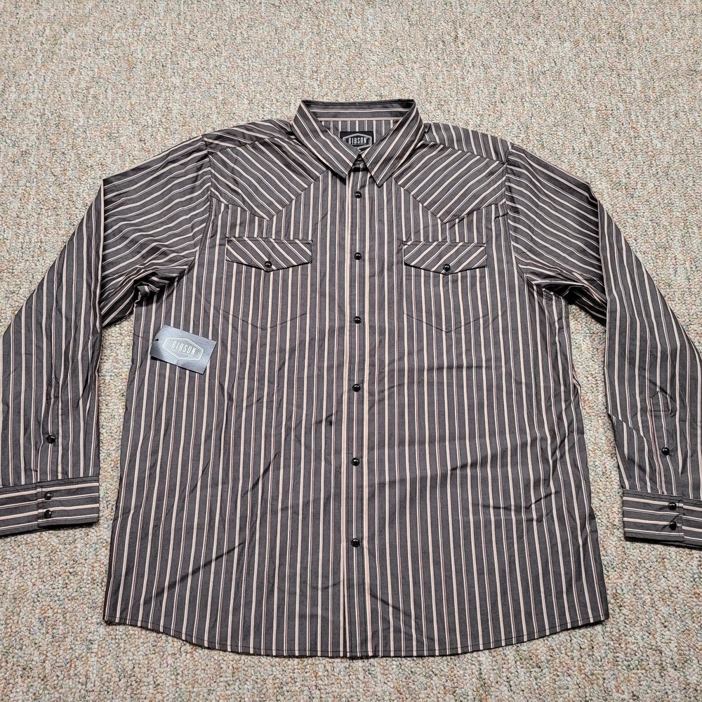 Gibson Shirt Mens 2XL Coffee Brown Striped Long Sleeve Pearl Snap Western Cowboy